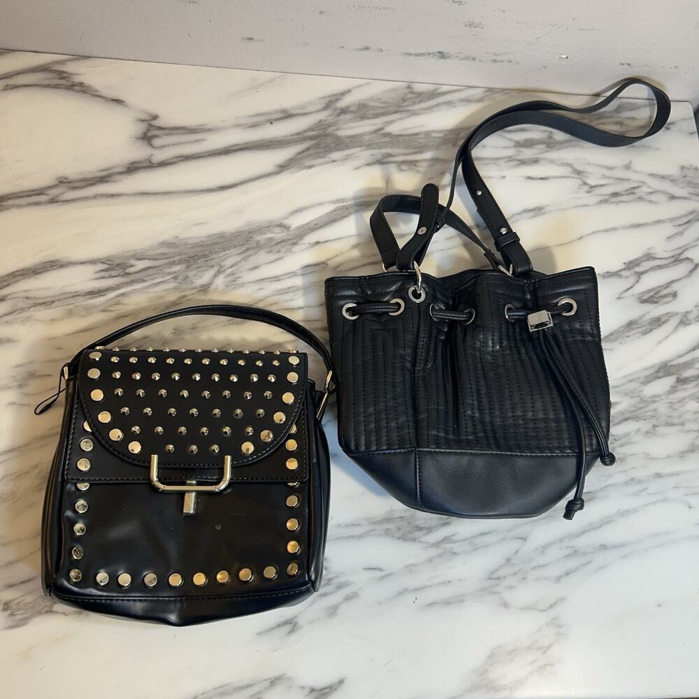 (2) Zara Handbags STUDDED MINI & BUCKET BAG Black Used Faux‎ Leather Purses Lot